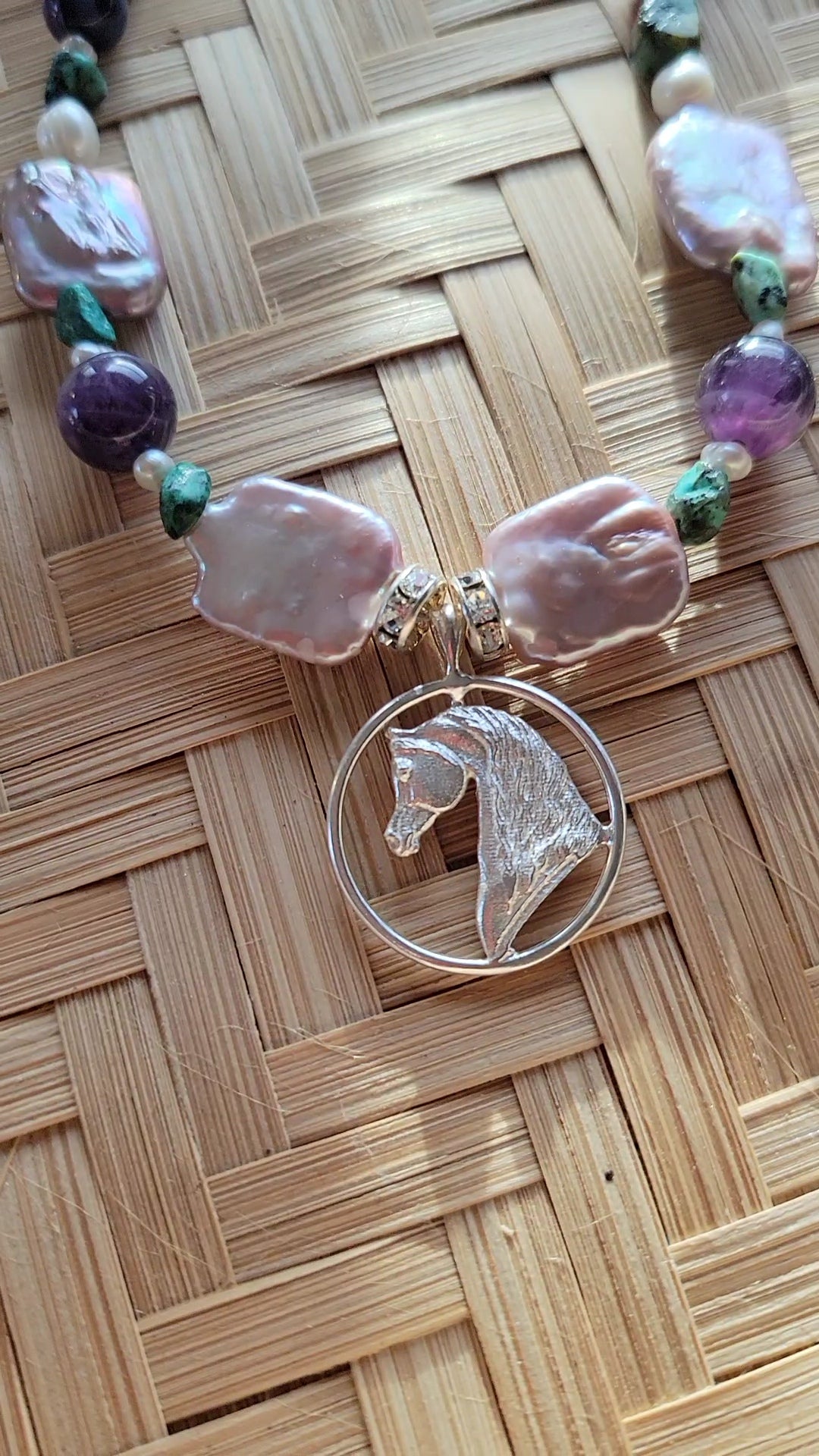 Sterling Silver Arabian Circle pendant with Turquoise and Amethyst Gemstones Adjustable