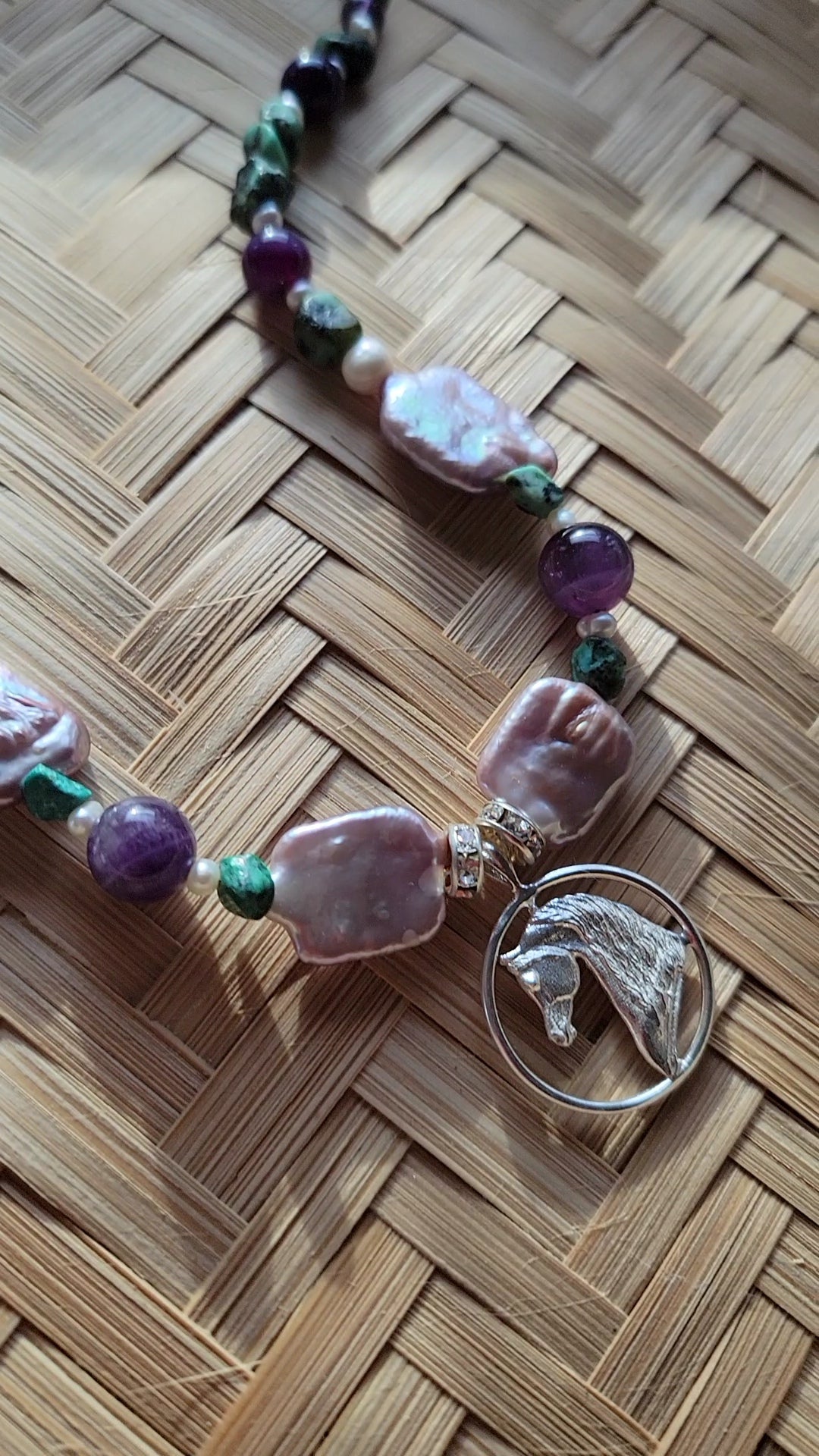 Sterling Silver Arabian Circle pendant with Turquoise and Amethyst Gemstones Adjustable