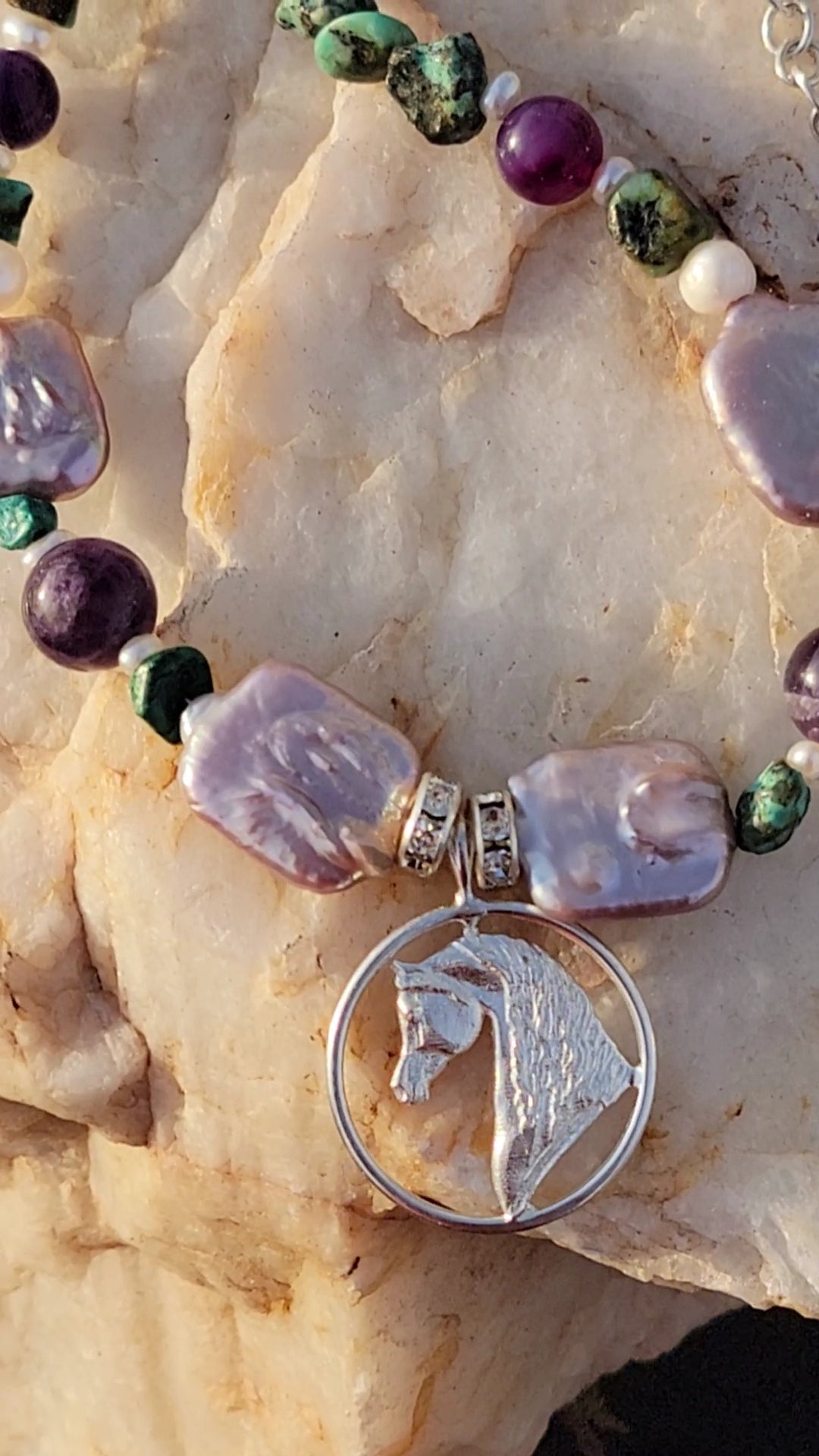 Sterling Silver Arabian Circle pendant with Turquoise and Amethyst Gemstones Adjustable