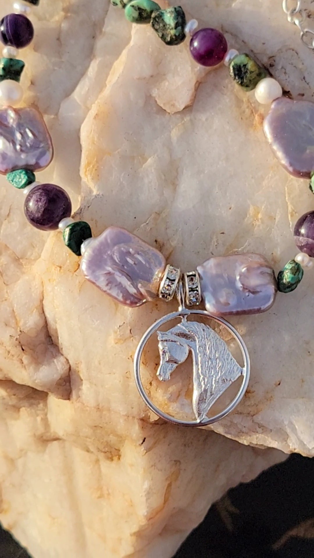Sterling Silver Arabian Circle pendant with Turquoise and Amethyst Gemstones Adjustable