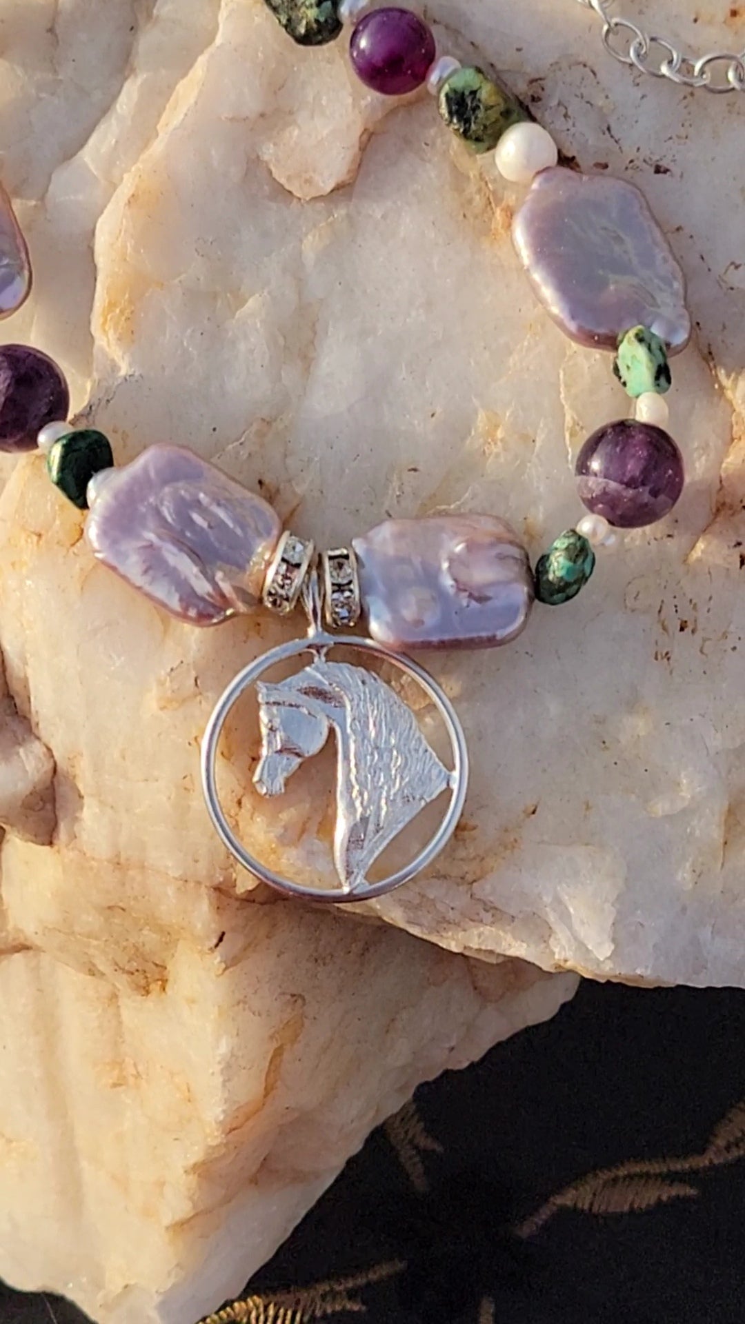 Sterling Silver Arabian Circle pendant with Turquoise and Amethyst Gemstones Adjustable