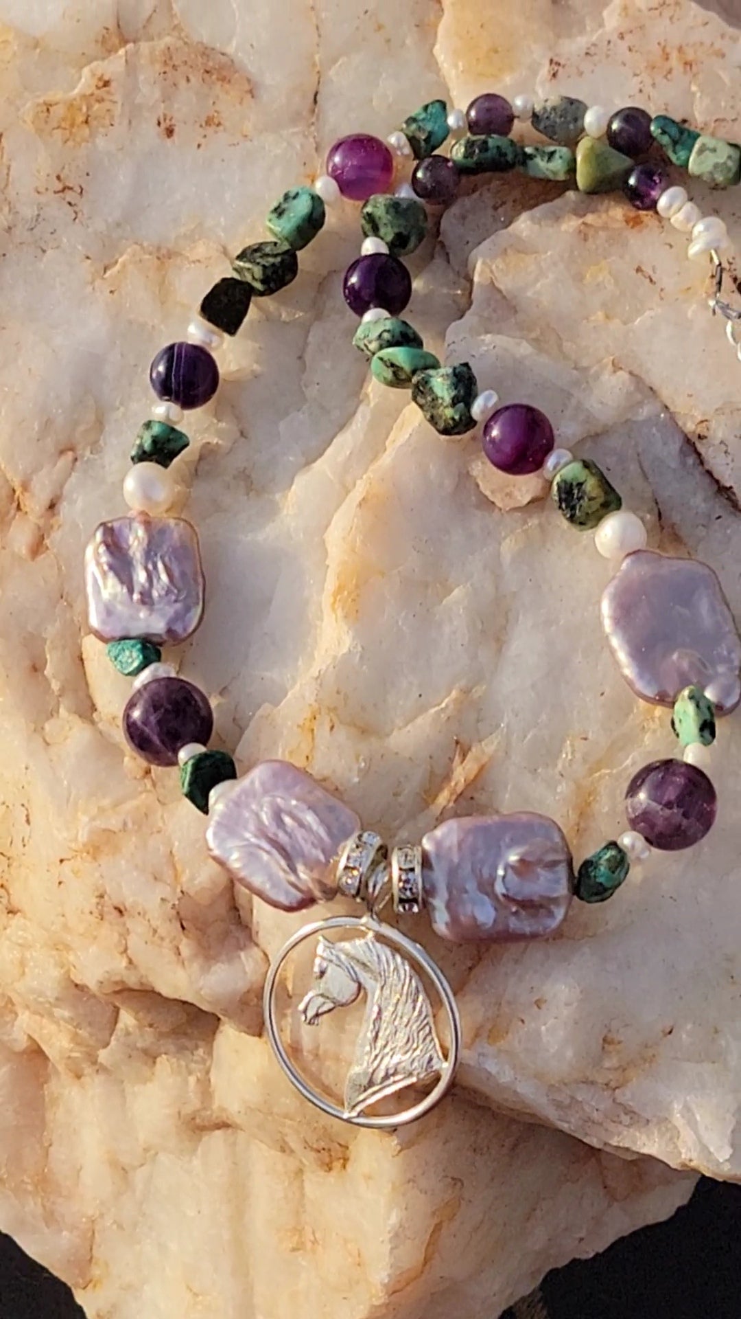 Sterling Silver Arabian Circle pendant with Turquoise and Amethyst Gemstones Adjustable