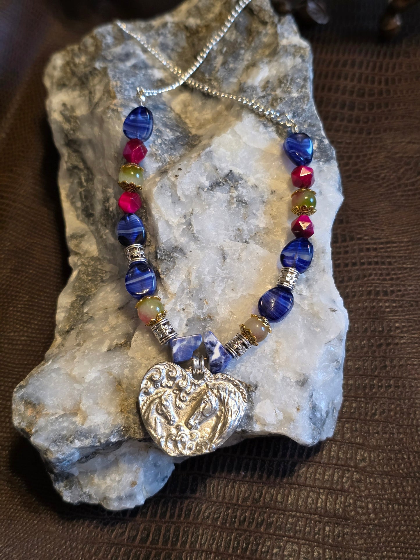 Two Hearts Double Horse Heart Pendant Necklace, Blue Agate, Fuchsia Crystal & Sodalite