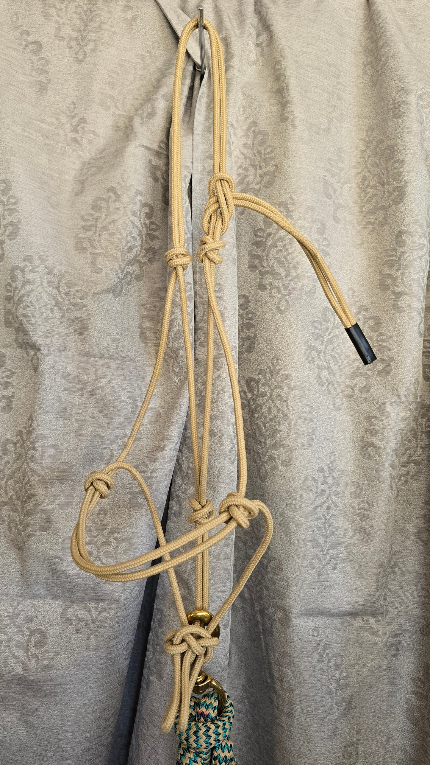 Handmade Arabian Rope Halter & Lead Rope Set — Natural/Teal, 10' Brass Snap