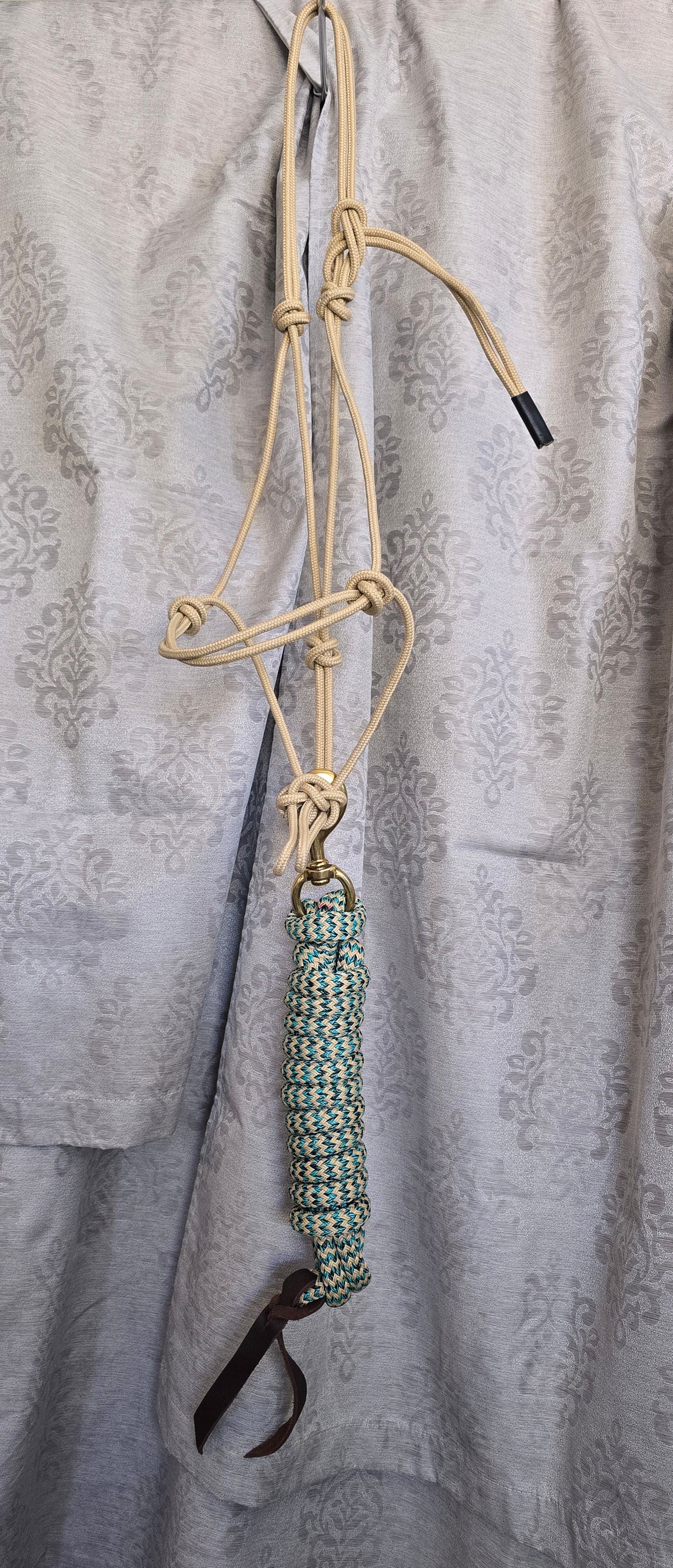 Handmade Arabian Rope Halter & Lead Rope Set — Natural/Teal, 10' Brass Snap