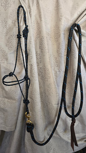 Starry Night — Handmade Arabian Rope Halter & Lead Rope Set, Black with Light Blue Speckle