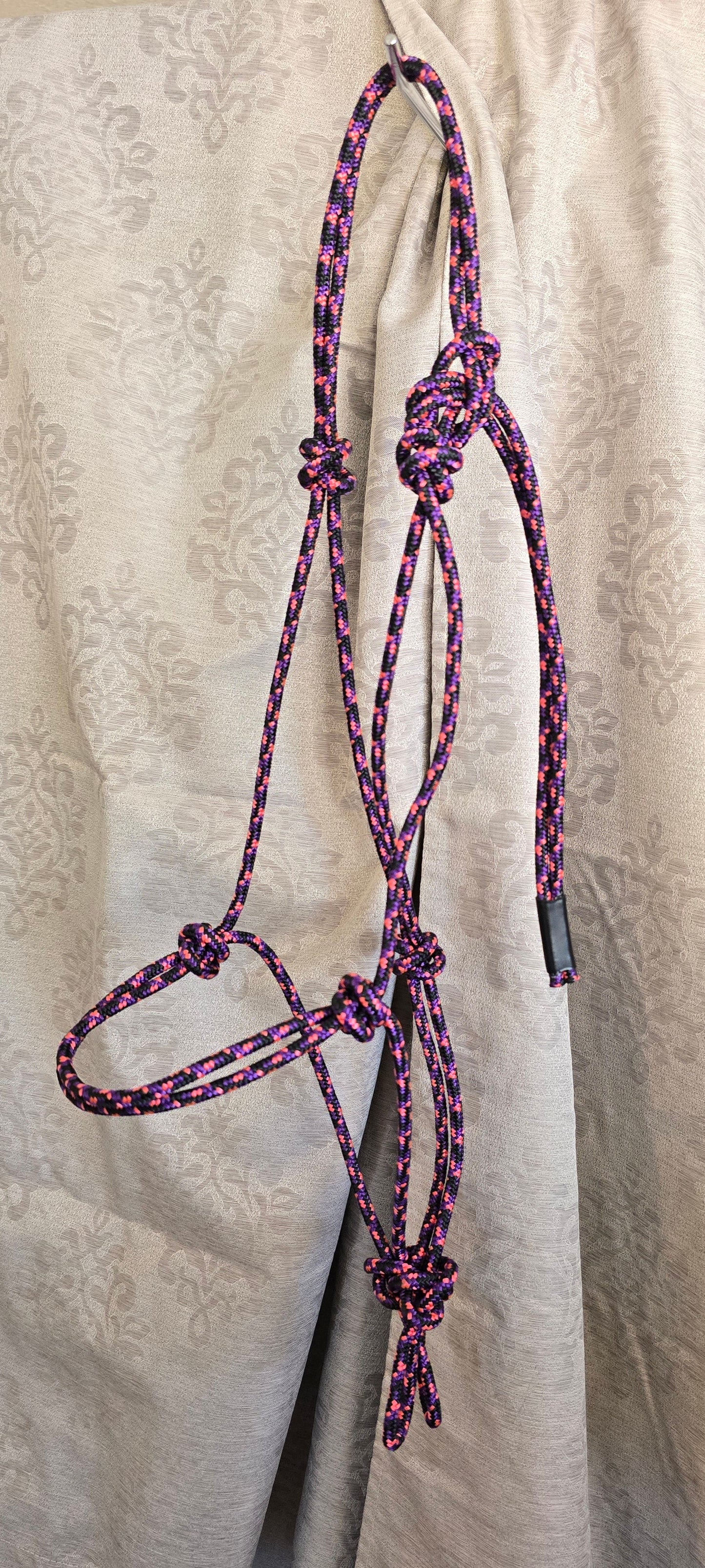 Handmade Arabian Rope Halter & Lead Rope Set — Black/Pink/Purple & Solid Purple, 10' Brass Snap