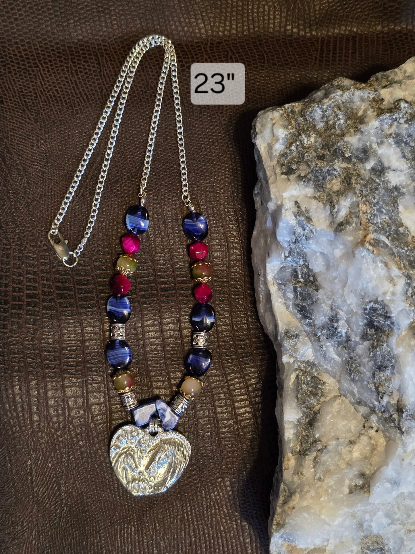 Two Hearts Double Horse Heart Pendant Necklace, Blue Agate, Fuchsia Crystal & Sodalite