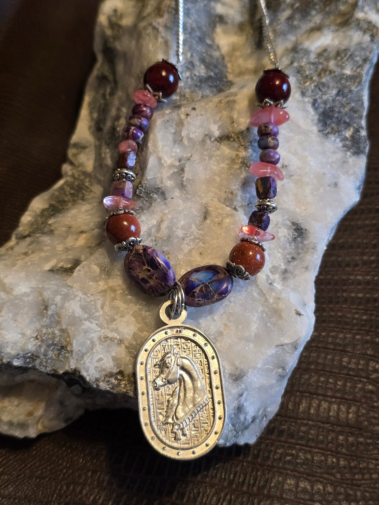 Desert Royale Arabian Horse Necklace, Purple Emperor Jasper & Goldstone