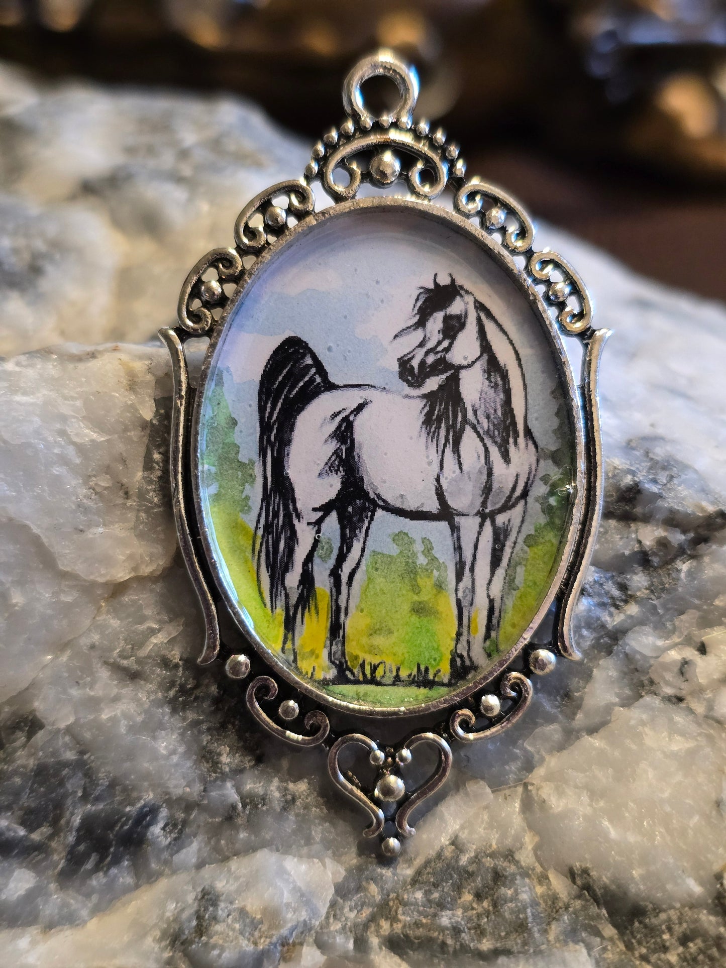Summer Grace — Hand-Painted Arabian Horse Portrait Pendant, Sterling Silver Setting