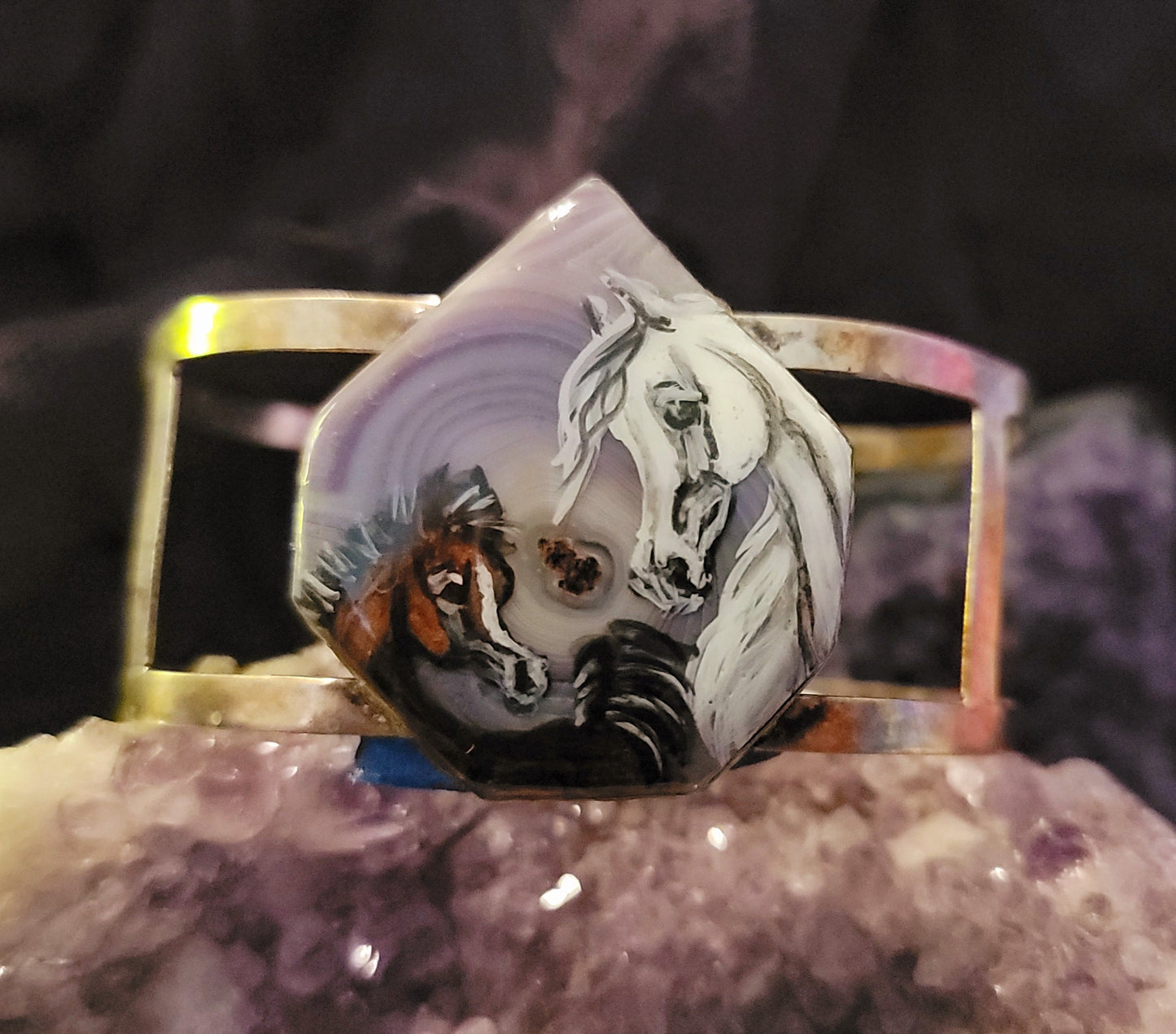Arabian Mare & Foal Hand-Painted Amethyst sterling silver Cuff Bracelet