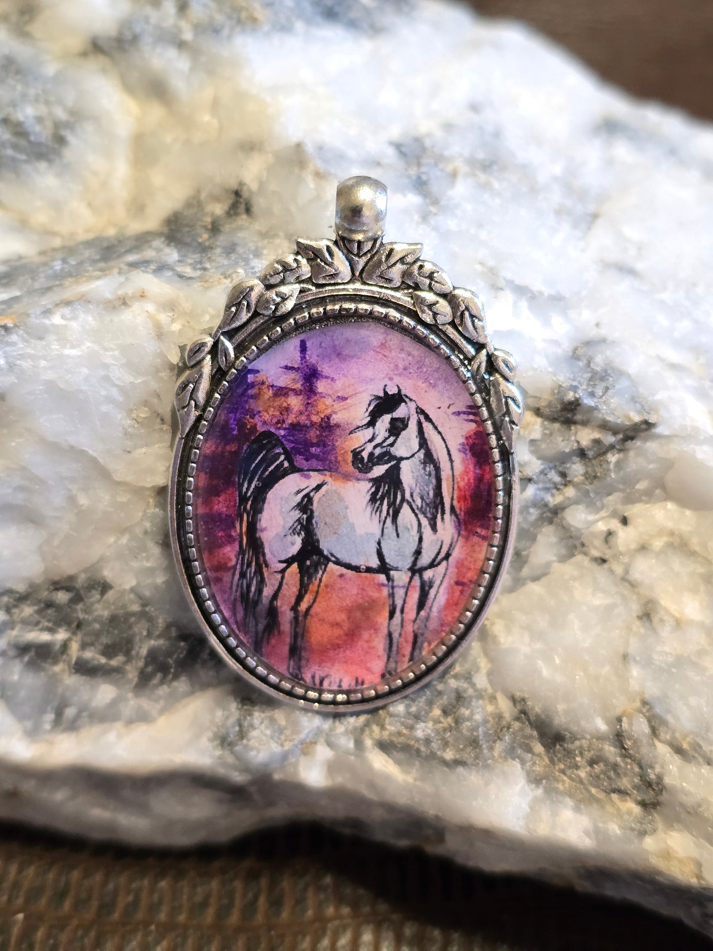 Desert Sunset Hand-Painted Arabian Horse Portrait Pendant, Nickel Silver Setting