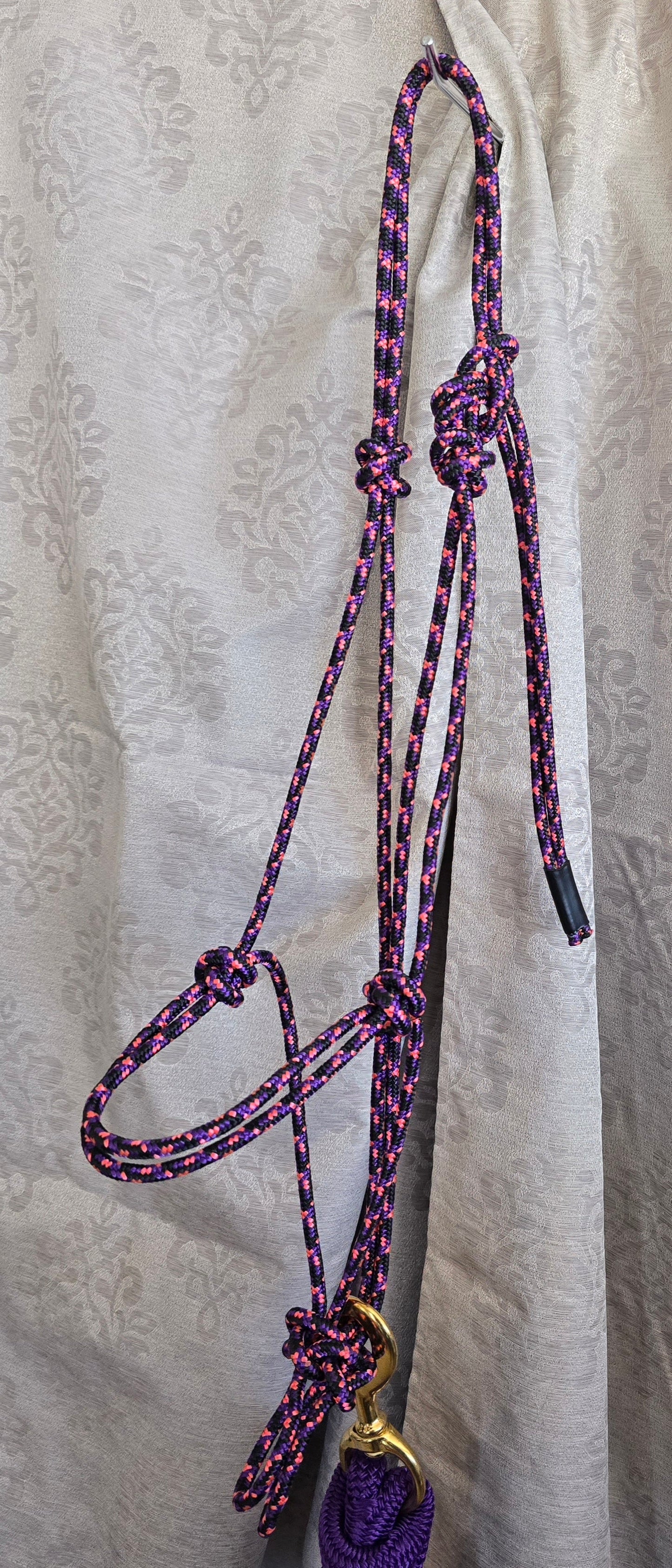 Handmade Arabian Rope Halter & Lead Rope Set — Black/Pink/Purple & Solid Purple, 10' Brass Snap