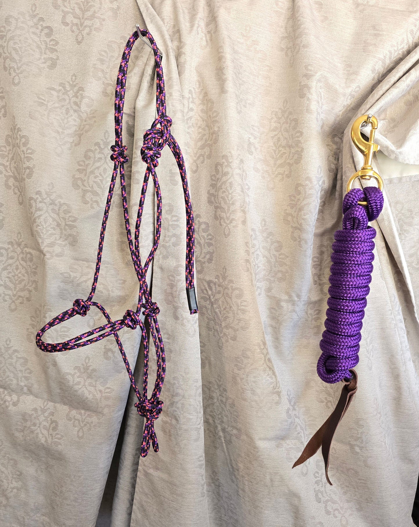 Handmade Arabian Rope Halter & Lead Rope Set — Black/Pink/Purple & Solid Purple, 10' Brass Snap