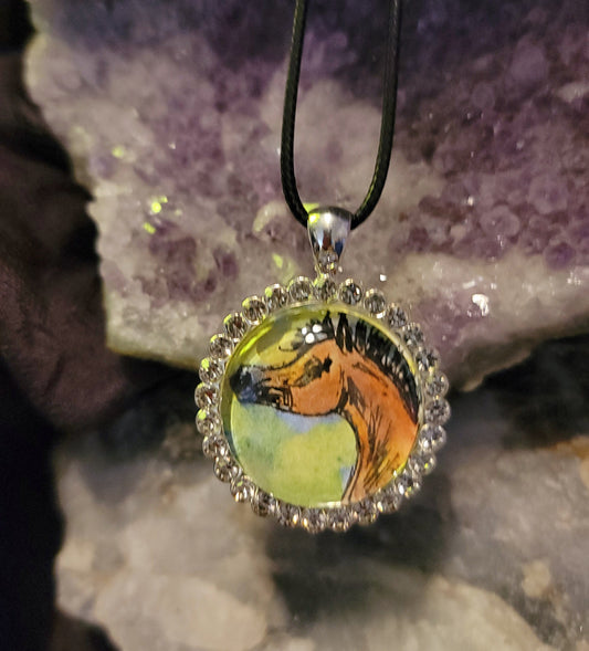 Original Watercolor painting Foal Portrait Pendant – Silver-Plated Rhinestone Bezel