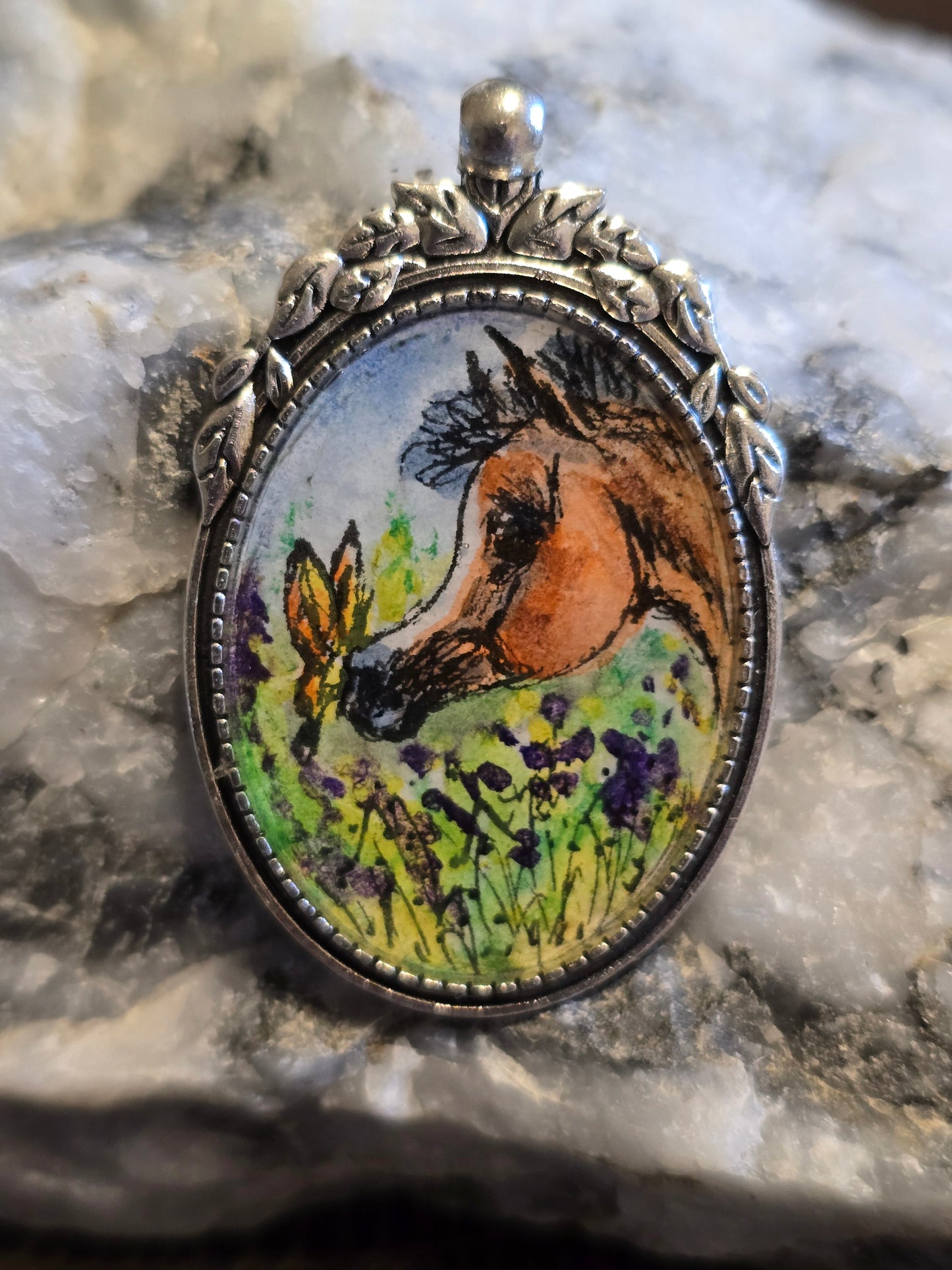 Meadow Magic — Hand-Painted Horse & Butterfly Portrait Pendant, Nickel Silver Setting