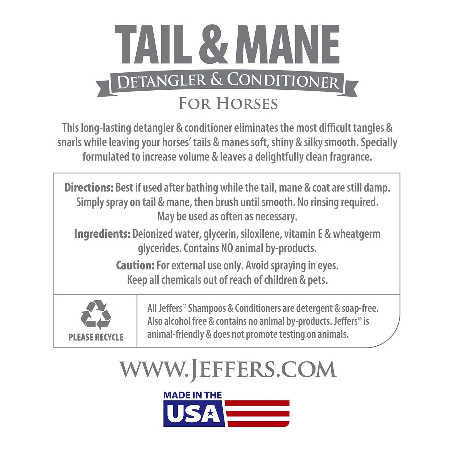 Jeffers Brand Equine Tail & Mane Detangler and Conditioner for Horses