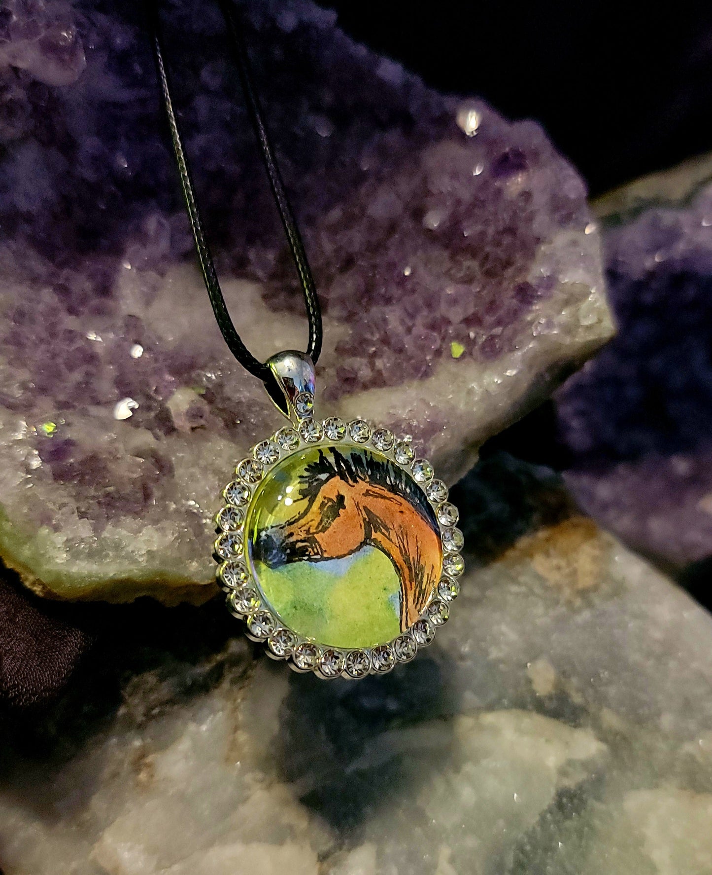 Original Watercolor painting Foal Portrait Pendant – Silver-Plated Rhinestone Bezel