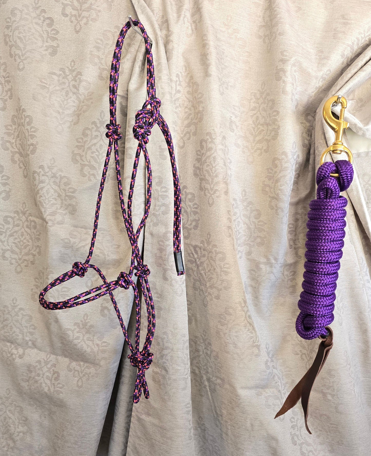 Handmade Arabian Rope Halter & Lead Rope Set — Black/Pink/Purple & Solid Purple, 10' Brass Snap