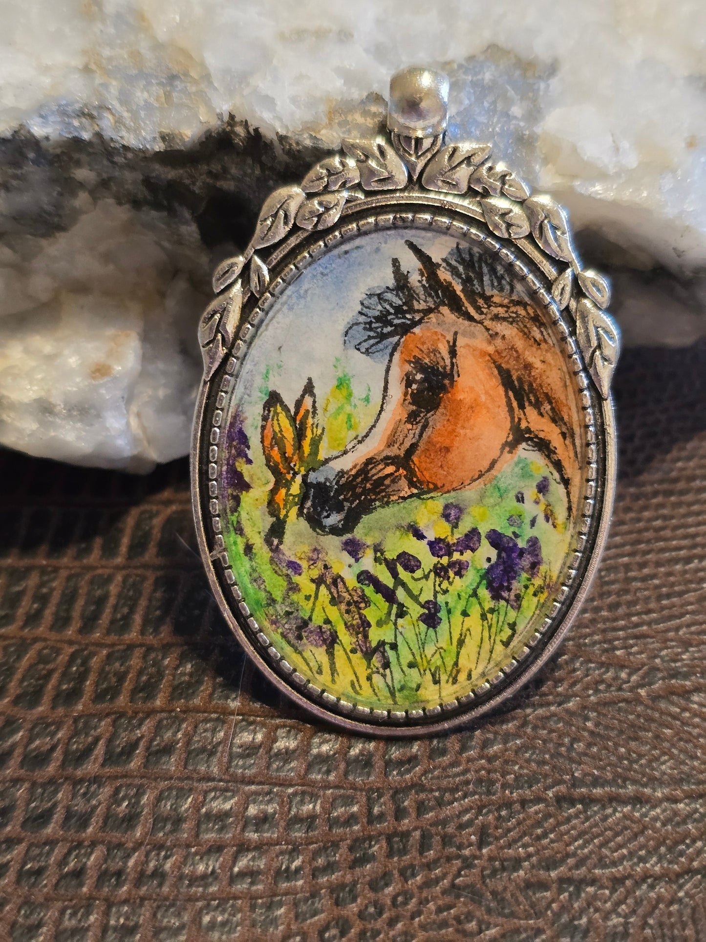 Meadow Magic — Hand-Painted Horse & Butterfly Portrait Pendant, Nickel Silver Setting