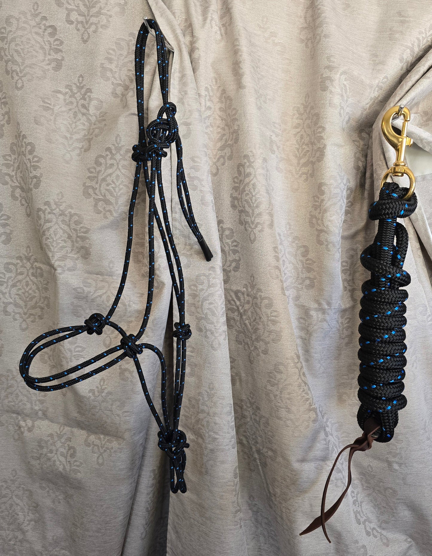 Starry Night — Handmade Arabian Rope Halter & Lead Rope Set, Black with Light Blue Speckle