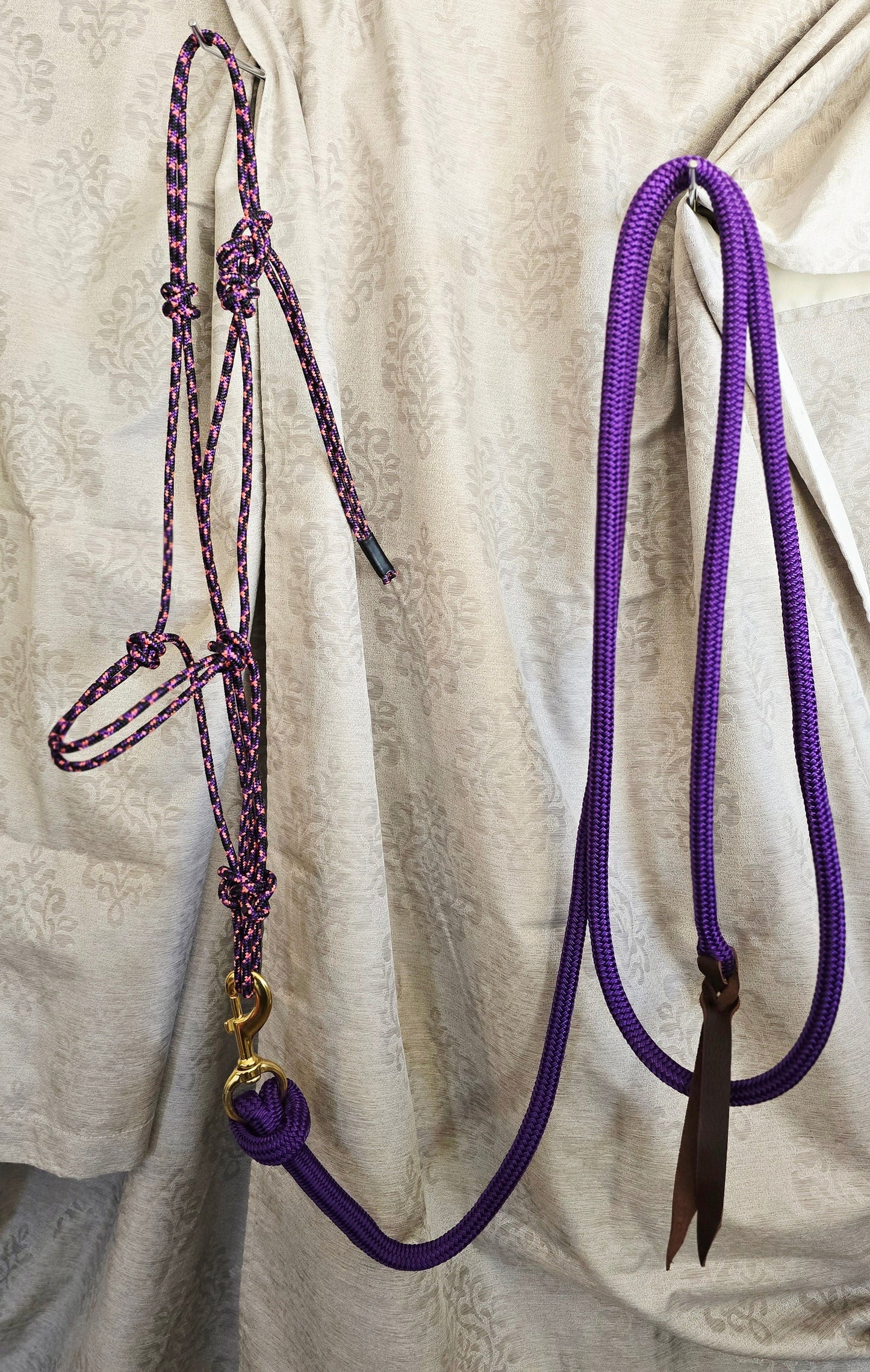 Handmade Arabian Rope Halter & Lead Rope Set — Black/Pink/Purple & Solid Purple, 10' Brass Snap