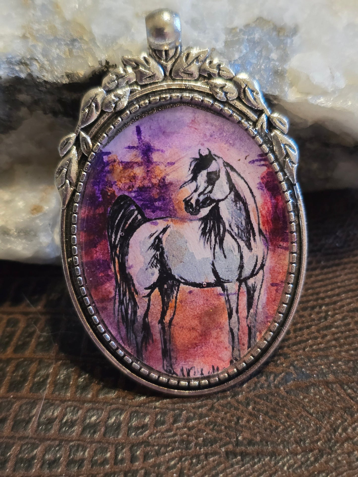 Desert Sunset Hand-Painted Arabian Horse Portrait Pendant, Nickel Silver Setting
