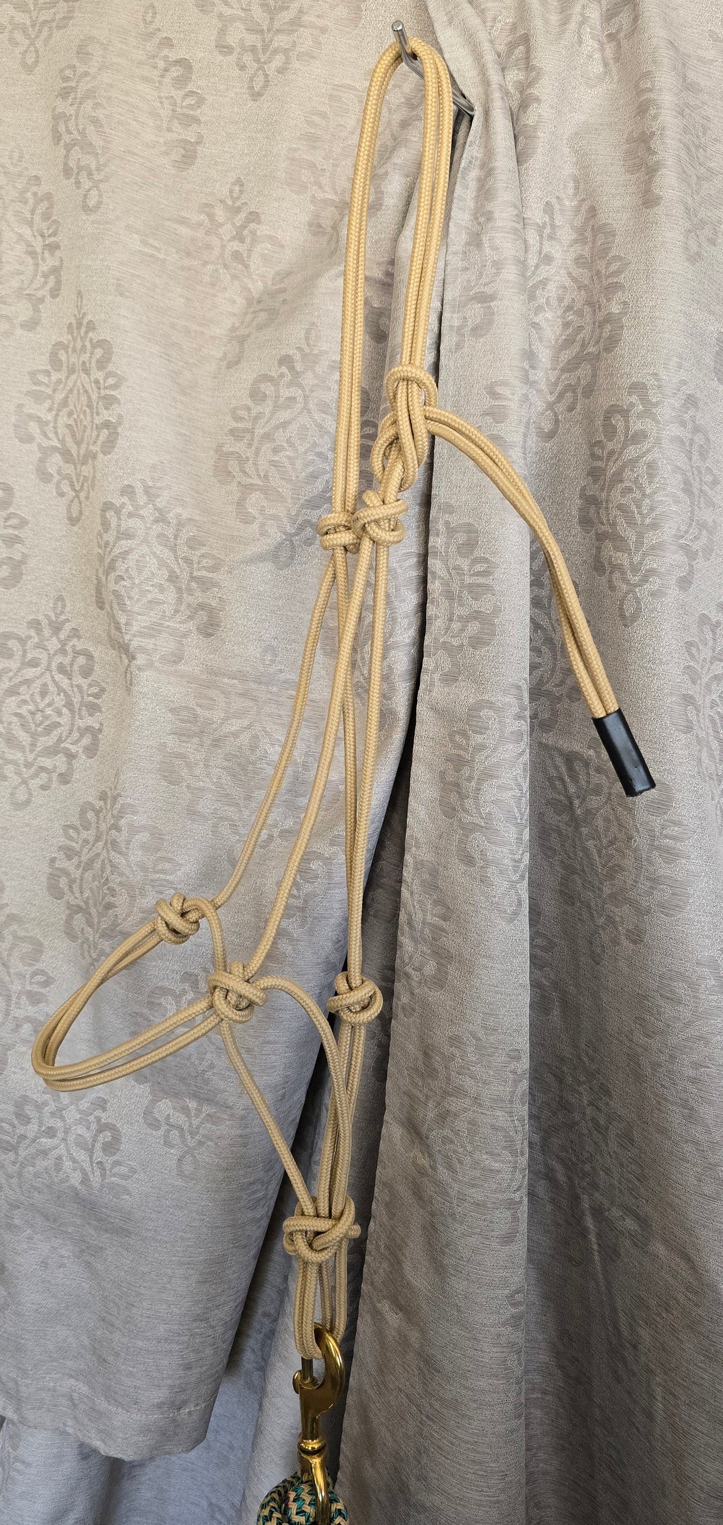 Handmade Arabian Rope Halter & Lead Rope Set — Natural/Teal, 10' Brass Snap