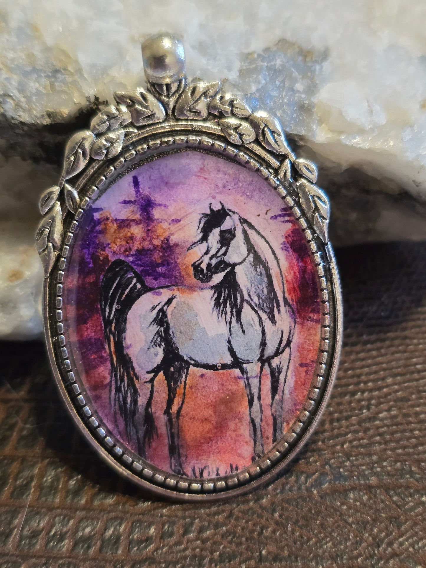 Desert Sunset Hand-Painted Arabian Horse Portrait Pendant, Nickel Silver Setting