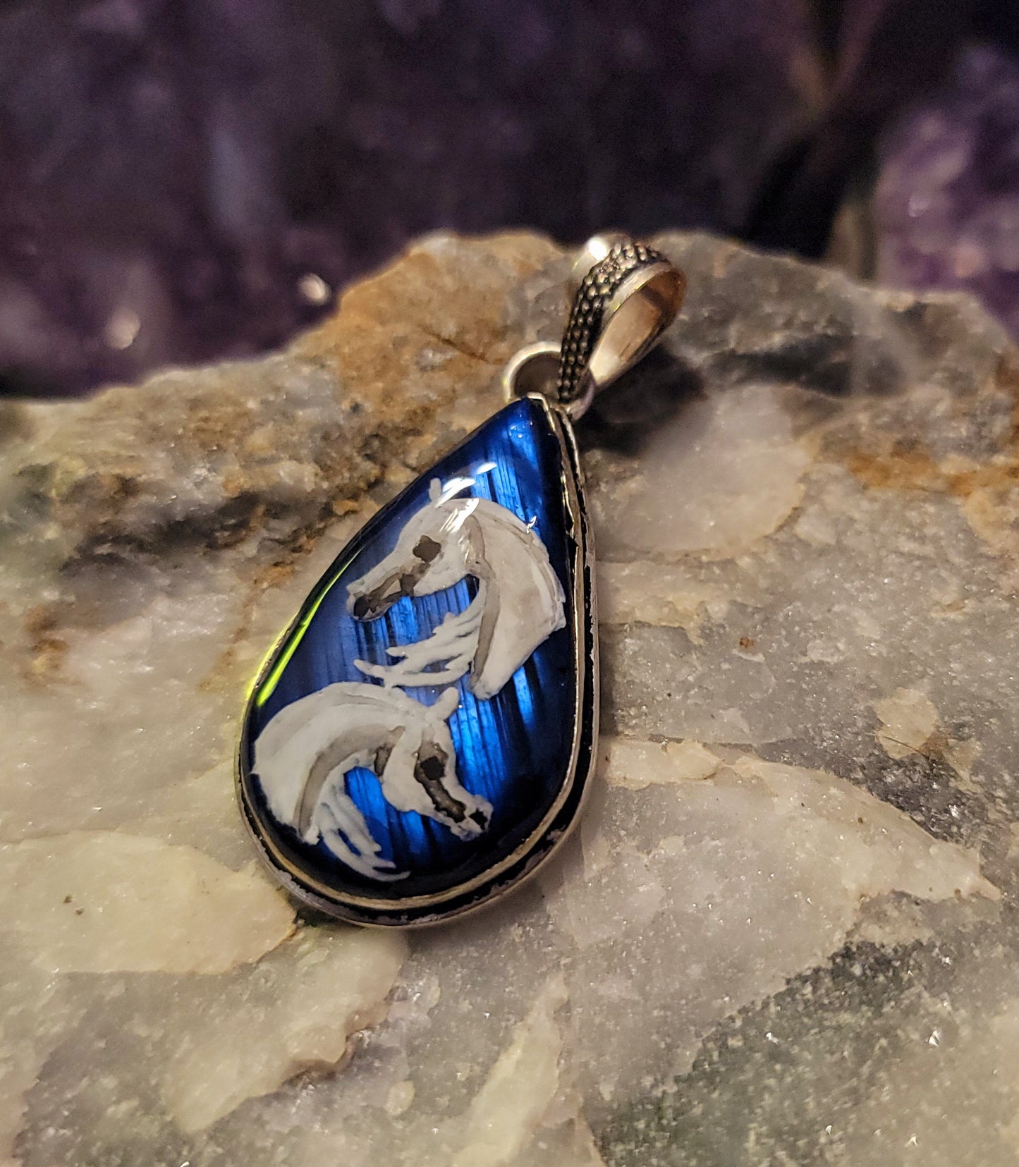 One-of-a-Kind Blue Flash Labradorite Sterling Silver Horse Pendant