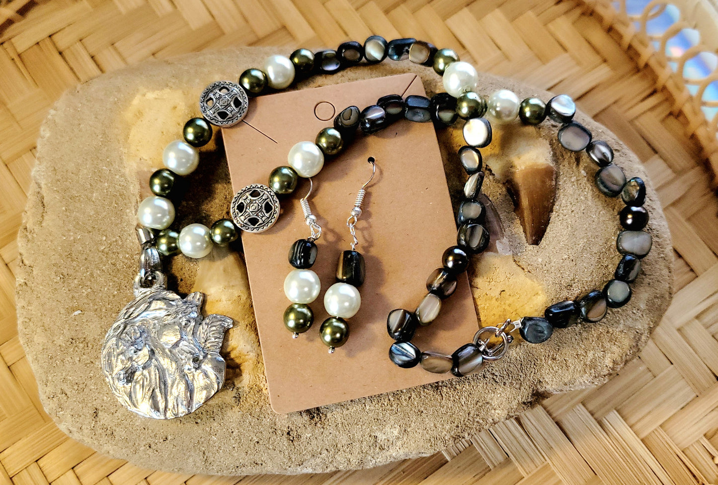 Pewter Arabian Mare and Foal Gemstone Necklace set earrings