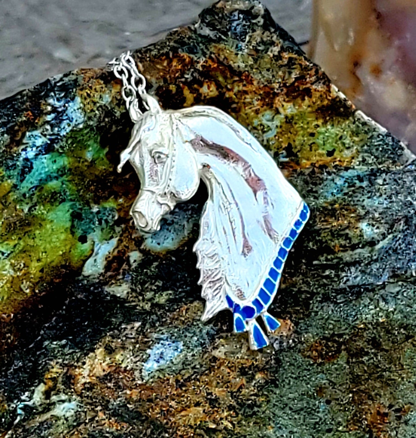 Sterling Silver Arabian Horse Necklace with Blue Enamel