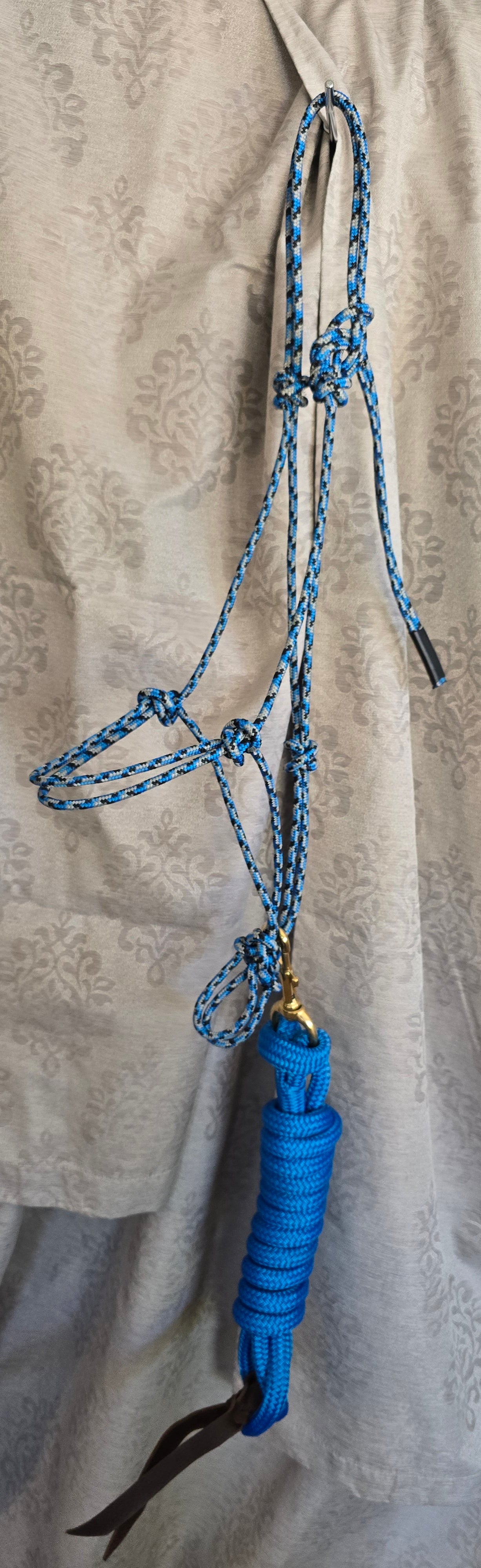 Handmade Arabian Rope Halter & Lead Rope Set — Blue/Black/Grey & Solid Blue, 10' Brass Snap
