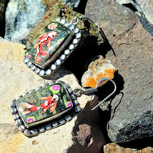 Hand Painted Koi Fish Jasper Sterling Silver Drop Earrings