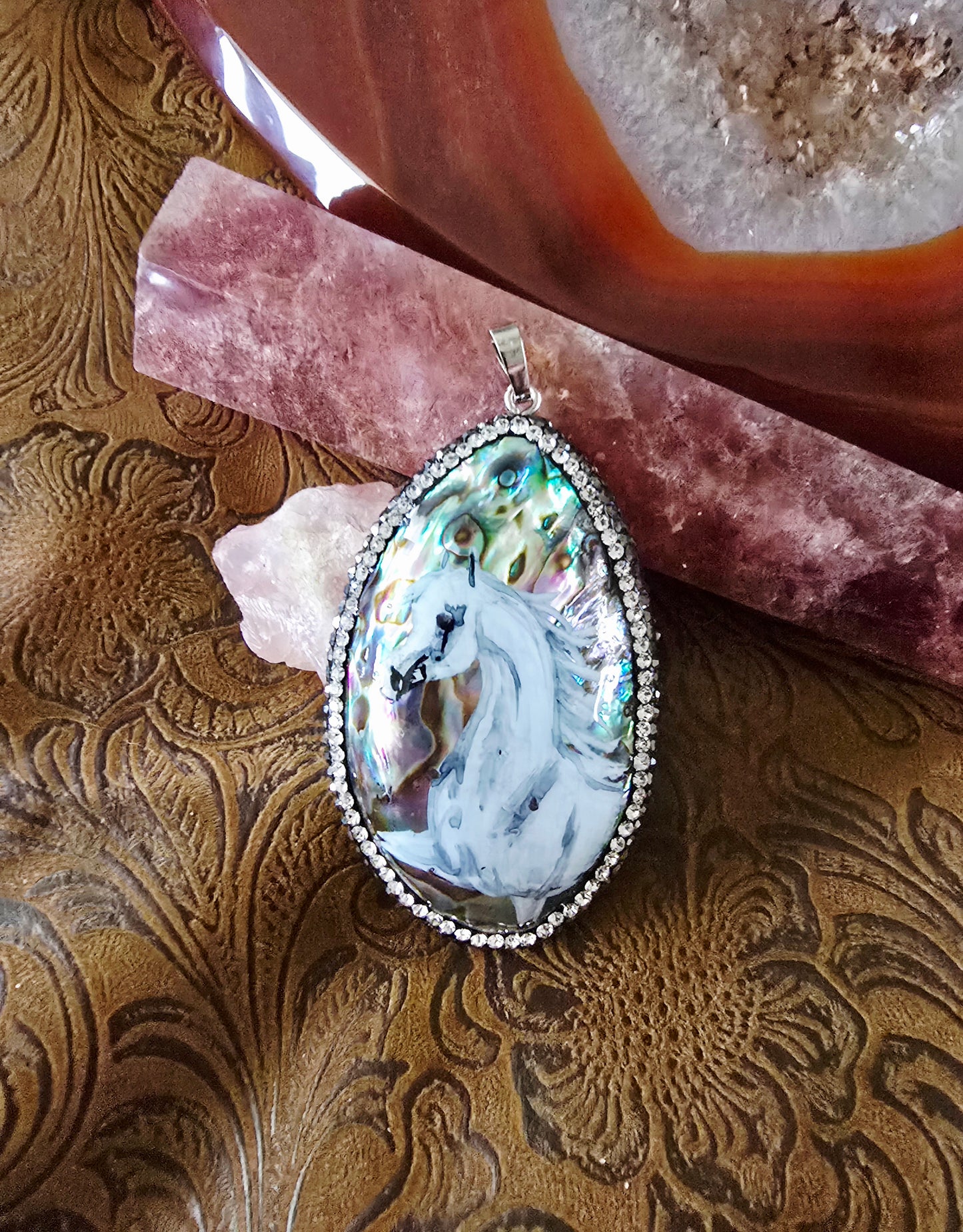 Hand-Painted Arabian Horse Pendant — Natural Abalone Shell with Pave Crystal Bezel