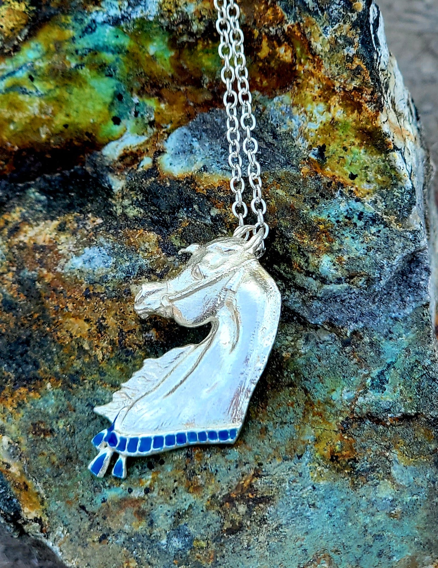 Sterling Silver Arabian Horse Necklace with Blue Enamel