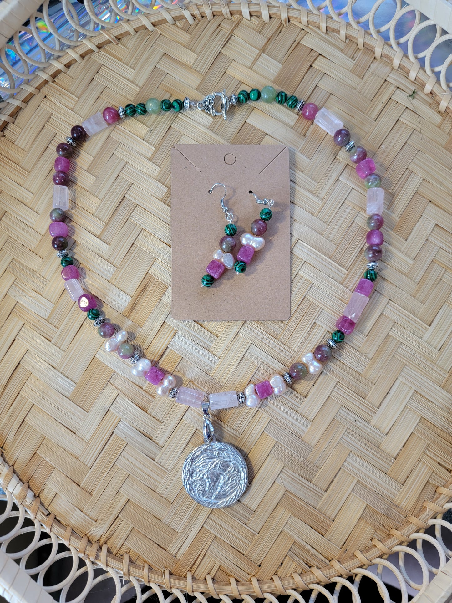 Pewter Arabian Horse Rose Quartz Gemstone Necklace Set earrings