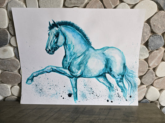 Original Watercolor — Teal Galloping Horse 11x15”