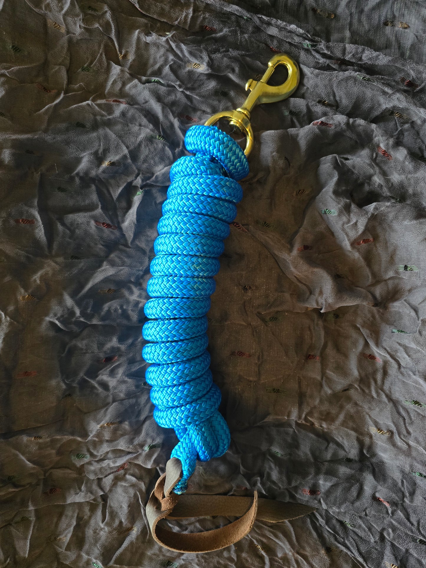 Handcrafted 10' Lead Rope with Leather Popper — Sky Blue