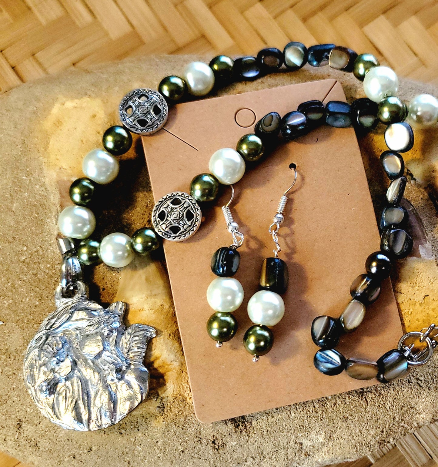 Pewter Arabian Mare and Foal Gemstone Necklace set earrings