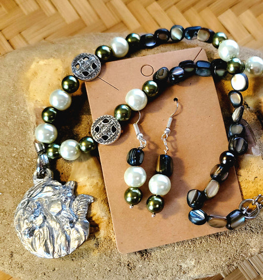 Pewter Arabian Mare and Foal Gemstone Necklace set earrings