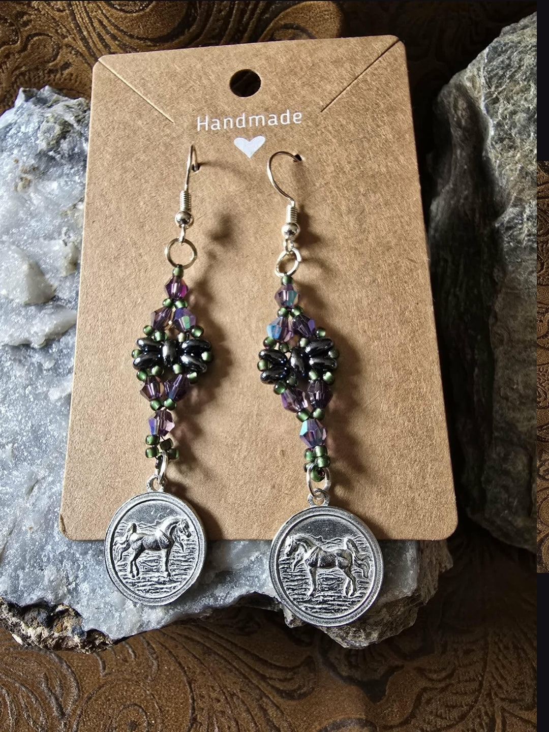 Luxury Beaded Arabian Horse Earrings Purple Swarovski Crystals Pewter Charms