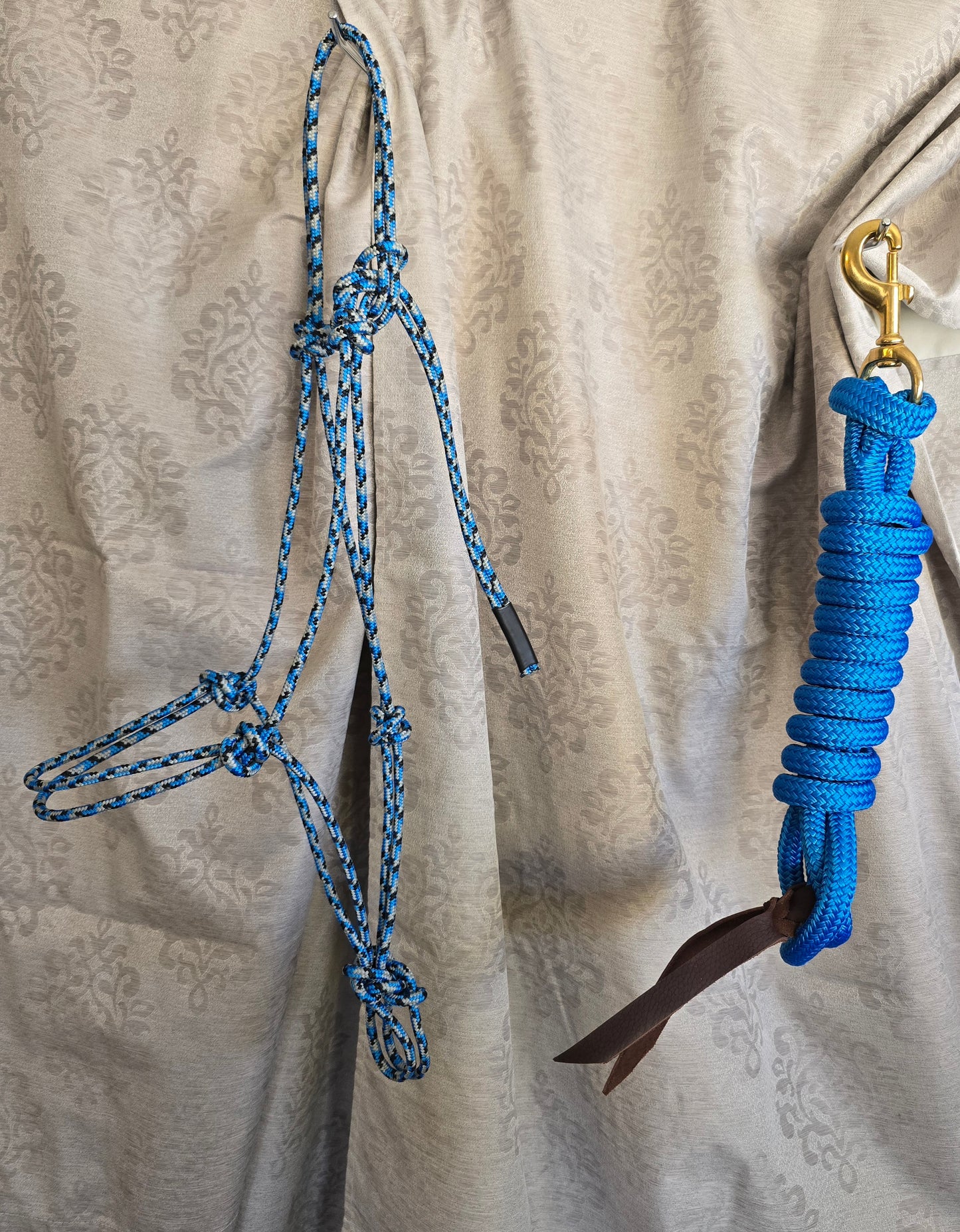 Handmade Arabian Rope Halter & Lead Rope Set — Blue/Black/Grey & Solid Blue, 10' Brass Snap