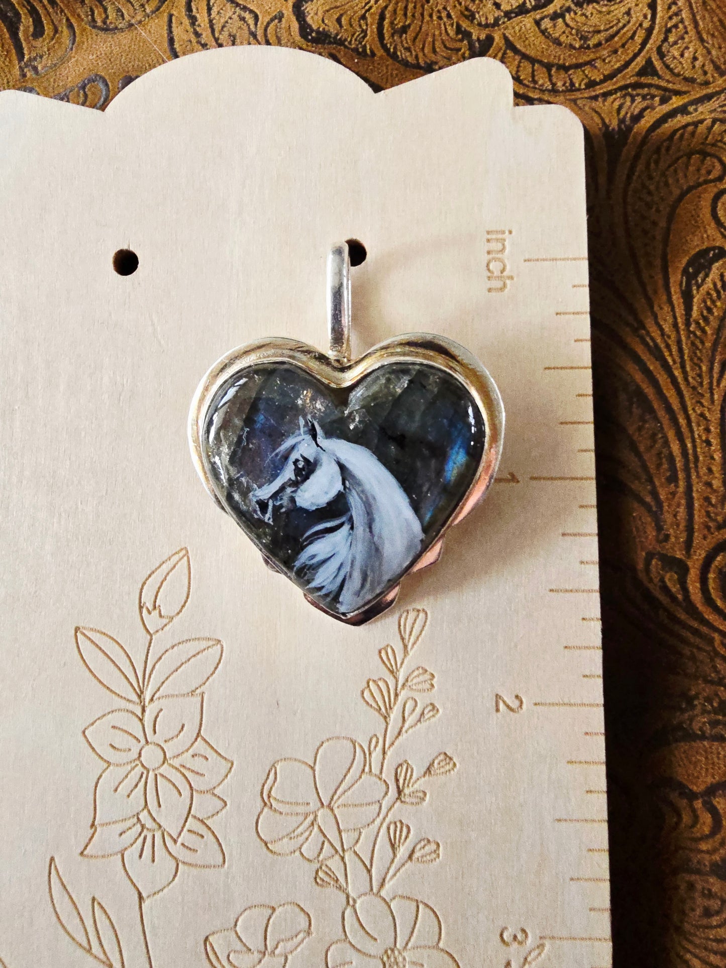 Heart Labradorite Horse Pendant – Handpainted Original Art