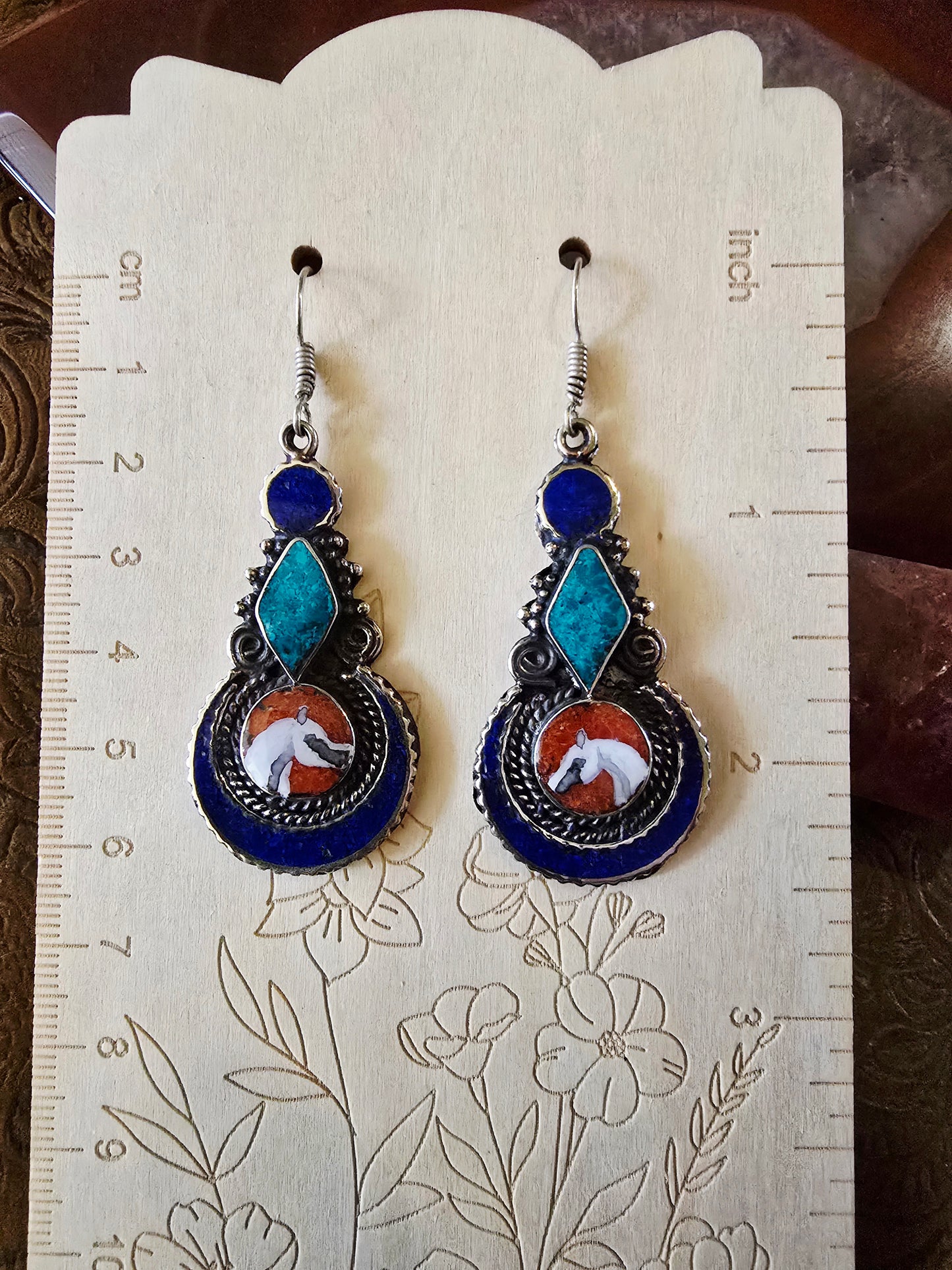 Hand-Painted Arabian Horse Earrings — Lapis, Turquoise & Coral Inlay — Tibetan Style