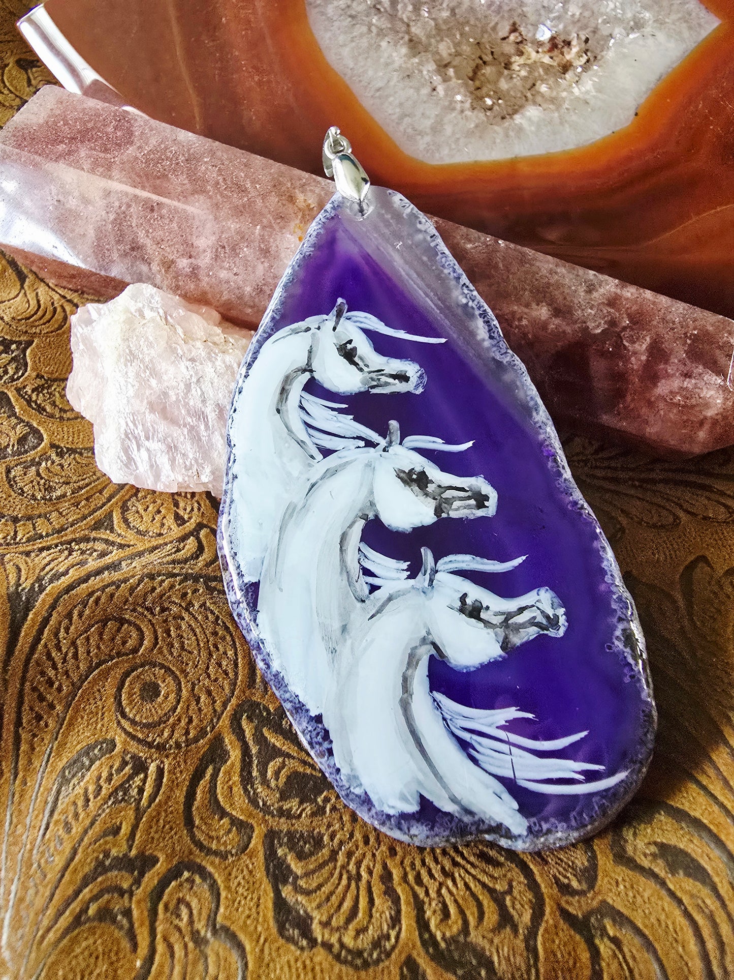 Hand-Painted Three Horses Pendant — Purple Dyed Brazilian Agate Slice