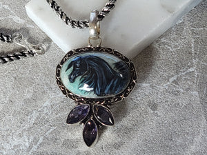 Black Arabian Horse Hand Painted Gemstone Sterling Silver Necklace