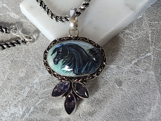 Black Arabian Horse Hand Painted Gemstone Sterling Silver Necklace