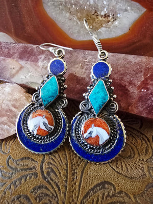 Hand-Painted Arabian Horse Earrings — Lapis, Turquoise & Coral Inlay — Tibetan Style