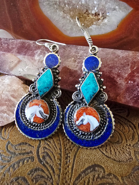 Hand-Painted Arabian Horse Earrings — Lapis, Turquoise & Coral Inlay — Tibetan Style